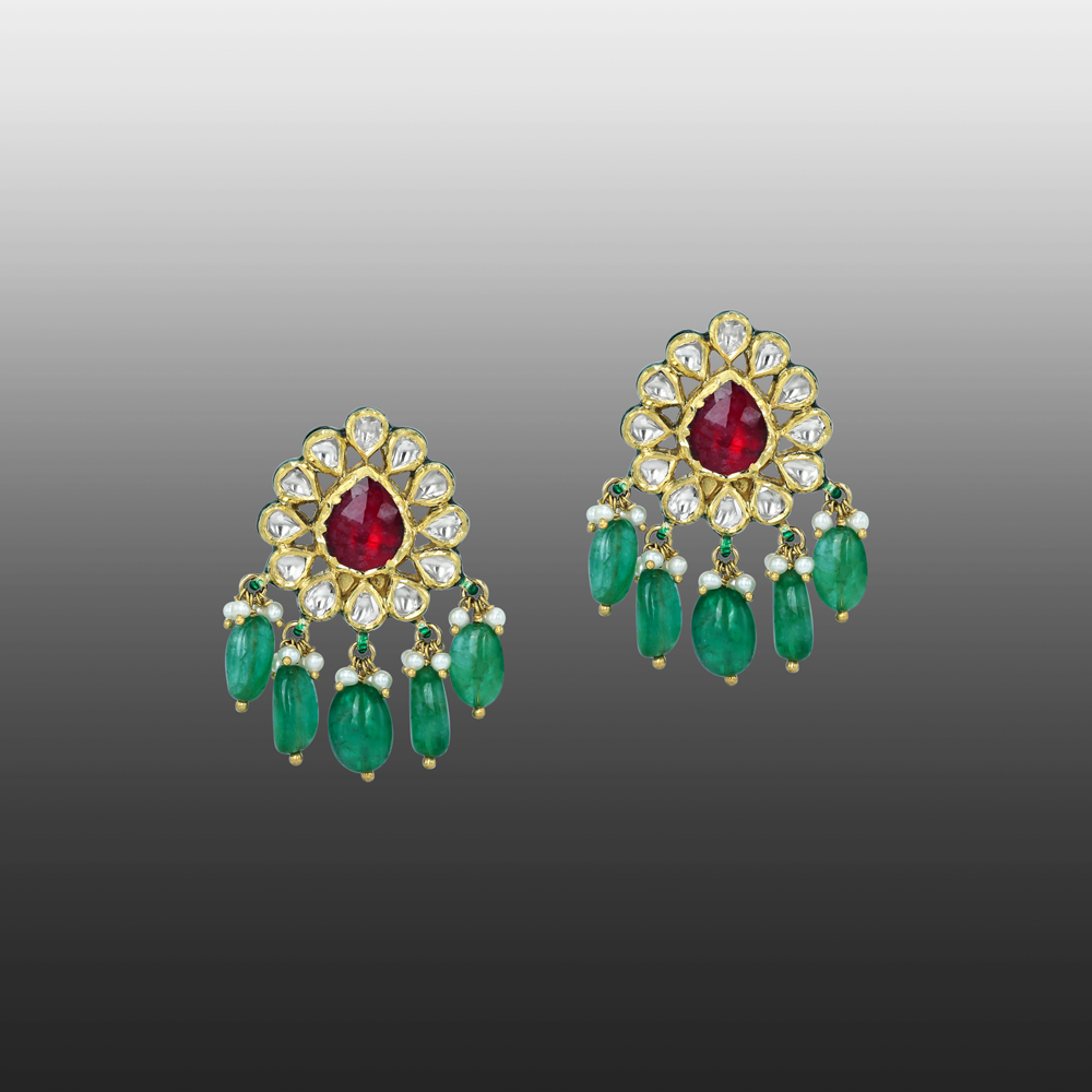 Red Gemstone Earrings with Polkis and Emerald Drops